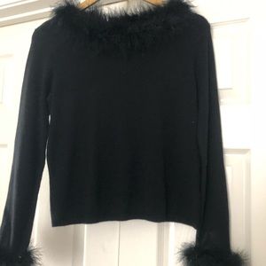 Thin black dress sweater w/feather neckline/wrists